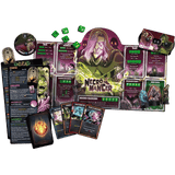A tabletop-style product layout of a card game set titled Necro Mancer, showing the main character card, multiple monster cards, action cards, dice, and tokens on a solid green background.