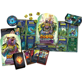 Druid: Blood of the Druid board game set displayed on a white background, including the main game board, character card, action cards, mana cards, dice, and a disc.