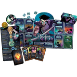 The board game 'Puelist' shown with its components on a clean white background, including the main game board, character card, action cards, tokens, and dice.