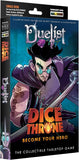 Front and side packaging of the board game 'Duelist: Rise' featuring illustrated artwork of a dark-haired character in a purple cloak with a sword, set against a dark background with the title 'Duelist' and 'Dice Throne' prominently displayed.