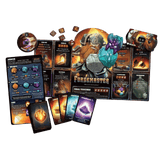The board game 'The Forgemaster' shown with its components, including the main board, player cards, action cards, and resource cards, arranged on a solid green background.