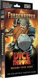 Front and spine of the 'Forgemaster Dice Throne' collectible tabletop game box, featuring a heavily armored warrior with a large orange beard holding a shield against a fiery orange and yellow background.