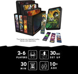 Magic: The Gathering Huntress starter deck box set with multiple cards displayed on a white background, plus a black informational banner at the bottom listing player count, setup time, play time, and age requirements.