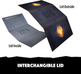 Two views of an interchangeable metal dice tray lid for DICE THROE, showing the inside and outside. The outside lid features a dark textured background with the 'DICE THROE' logo and a glowing orange flame emblem.
