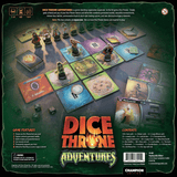 Dice Throne Adventures board game packaging with game pieces and cards on a dark background