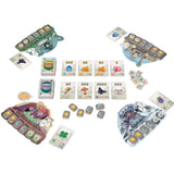 Board game components including cards and character boards on a white background