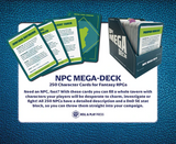NPC Mega-Deck packaging with character cards on a blue textured background