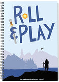 Notebook cover with 'Roll & Play' text and a silhouette of a character with mountains in the background