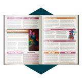 Open book with colorful text and images on a white background