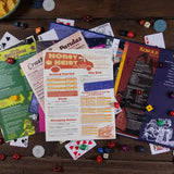 Collection of role-playing game materials including cards, a character sheet, and dice on a wooden surface.