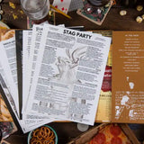 Stag party invitation with details on a wooden table with snacks and drinks.