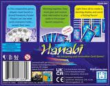 Back view of a Hanabi card game packaging with game components and text.