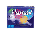 Board game box for 'Hanabi' with colorful fireworks design on a blue background