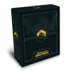 Black leather-bound book with gold embossed text on a black background