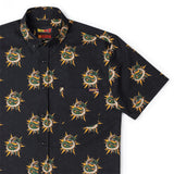 Black shirt with green and yellow dragon pattern on a white background