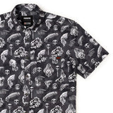 Black shirt with white skull and bone pattern on a white background