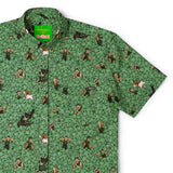 Green patterned shirt with visible brand logo on a white background