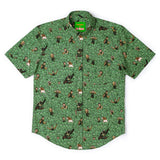 Green shirt with black and white graphic pattern on a white background
