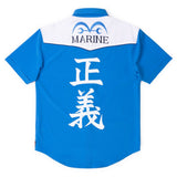 Blue shirt with white text and 'Marine' logo on a white background