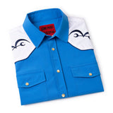 Blue and white shirt with eye designs on a white background
