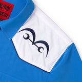 Blue and white polo shirt with a black symbol on a white background
