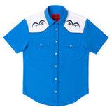 Blue shirt with white accents on a white background