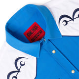 Blue shirt with a red label and white background