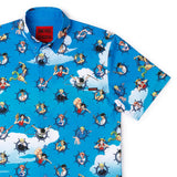 Blue shirt with cartoon character pattern on a white background