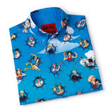 Blue shirt with anime character pattern on a white background