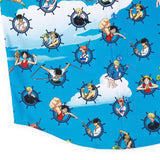 Cartoon characters on a blue background with clouds
