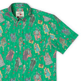 Green shirt with colorful pattern on a white background