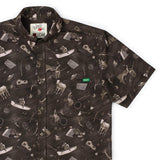 Patterned shirt with visible brand logos on a white background
