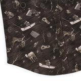 Shirt with vintage-style pattern of people and nature on a dark background