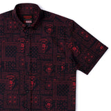 Dark red patterned shirt with visible branding on a white background