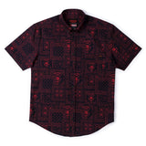 Short-sleeve shirt with red and black pattern on a white background