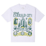 White t-shirt with Emerald City graphic design on a white background