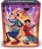 Animated character box with three characters in a celebratory pose on a colorful background