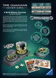 Advertisement for 'Time Guardian Adventures' puzzle game with game pieces and packaging on a dark background.