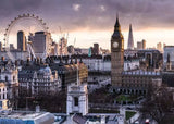 Cityscape of London with iconic landmarks including the London Eye and Big Ben.