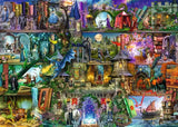 Fantasy scene with various elements like dragons, castles, and creatures in a detailed setting.