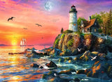 Lighthouse on a rocky cliff with a ship in the distance at sunset.