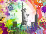 Colorful collage with the Statue of Liberty and New York City skyline.