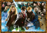 Collage of characters from a fantasy series with central figure holding a wand.