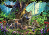 Wolf family with cubs in a forest setting