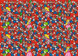 Pattern of cartoon characters on a red background