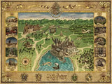 Map of Hogwarts School of Witchcraft and Wizardry from 'Harry Potter' series, with decorative border and illustrations.