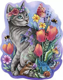 Illustration of a cat surrounded by flowers, butterflies, and a mouse on a purple background