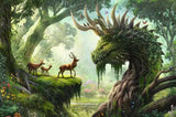 Fantasy scene with a dragon and deer in a lush forest