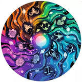 Colorful circular design with zodiac signs and celestial elements