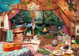 Cozy cabin interior with a view of nature, featuring a fireplace, wooden furniture, and decorative elements.